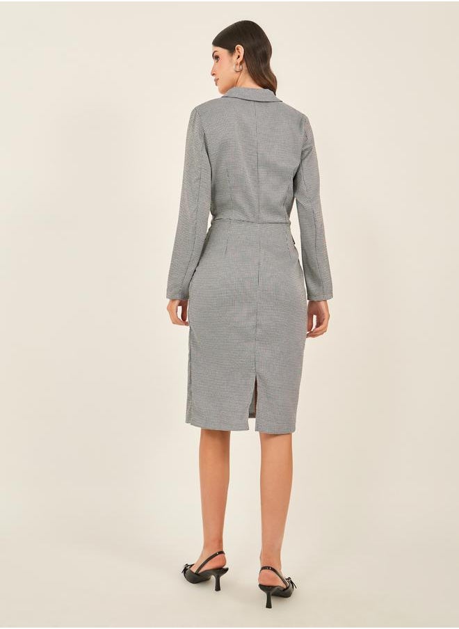 Houndstooth Wrap Blazer Knee Length Dress with Buckle Detail