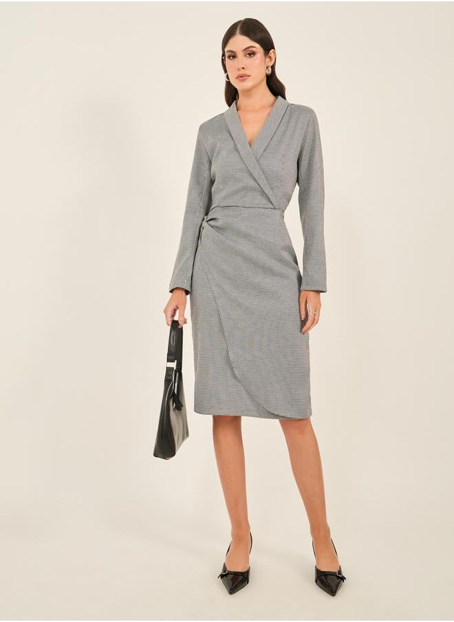 Houndstooth Wrap Blazer Knee Length Dress with Buckle Detail