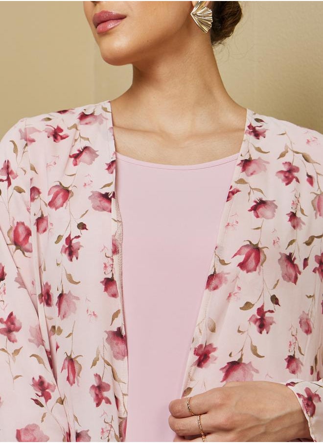 Floral Print Abaya with Solid Inner Dress Modest Set