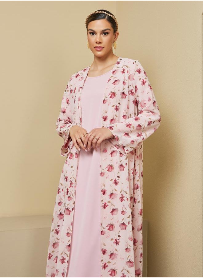 Floral Print Abaya with Solid Inner Dress Modest Set