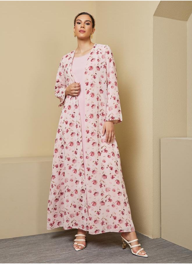 Floral Print Abaya with Solid Inner Dress Modest Set