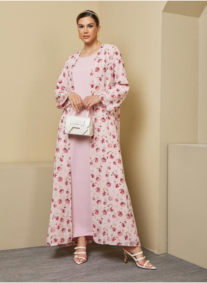 Floral Print Abaya with Solid Inner Dress Modest Set