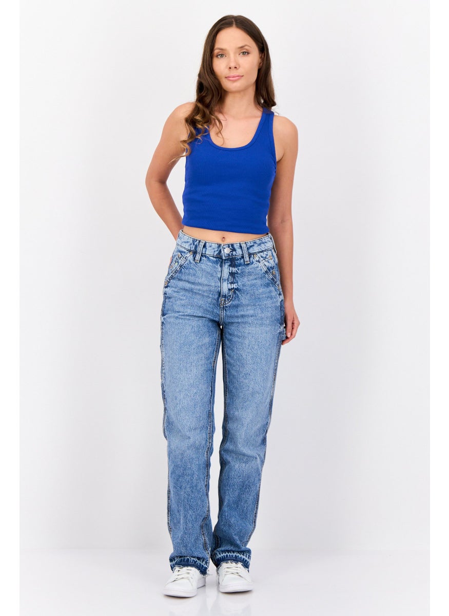 Women Straight Fit Washed Non-Stretchable Carpenter Jeans, Blue