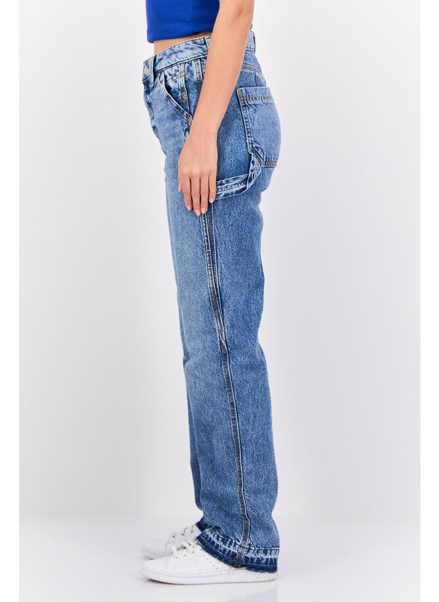 Women Straight Fit Washed Non-Stretchable Carpenter Jeans, Blue