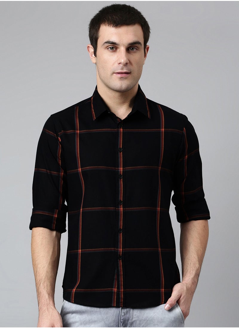 Slim Fit Black Men's Checked Shirt, Spread Collar, Full Sleeves, 100% Cotton,