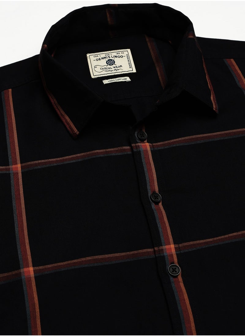 Slim Fit Black Men's Checked Shirt, Spread Collar, Full Sleeves, 100% Cotton,