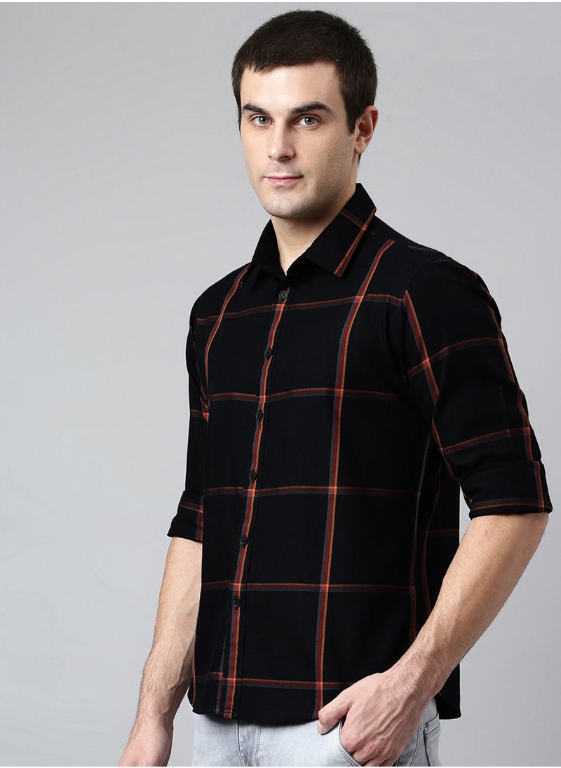 Slim Fit Black Men's Checked Shirt, Spread Collar, Full Sleeves, 100% Cotton,