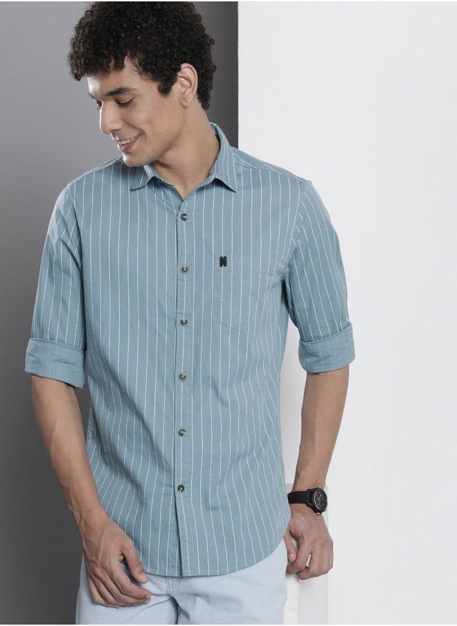Men Regular Fit STRIPED Full Sleeves Cutaway Collar Casual Shirt