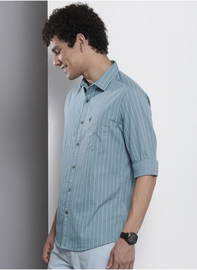 Men Regular Fit STRIPED Full Sleeves Cutaway Collar Casual Shirt