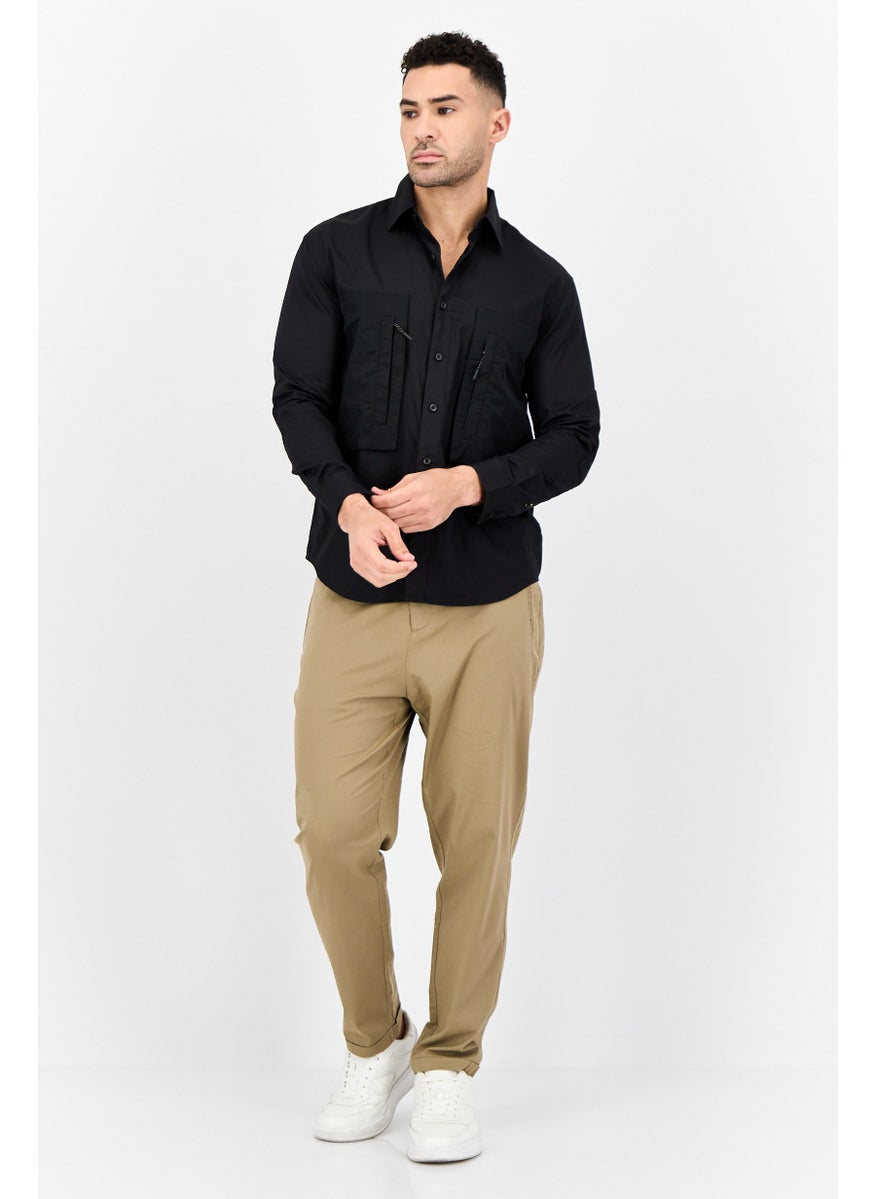 Men Drop Shoulder Fit Solid Long Sleeves Casual Shirt, Black
