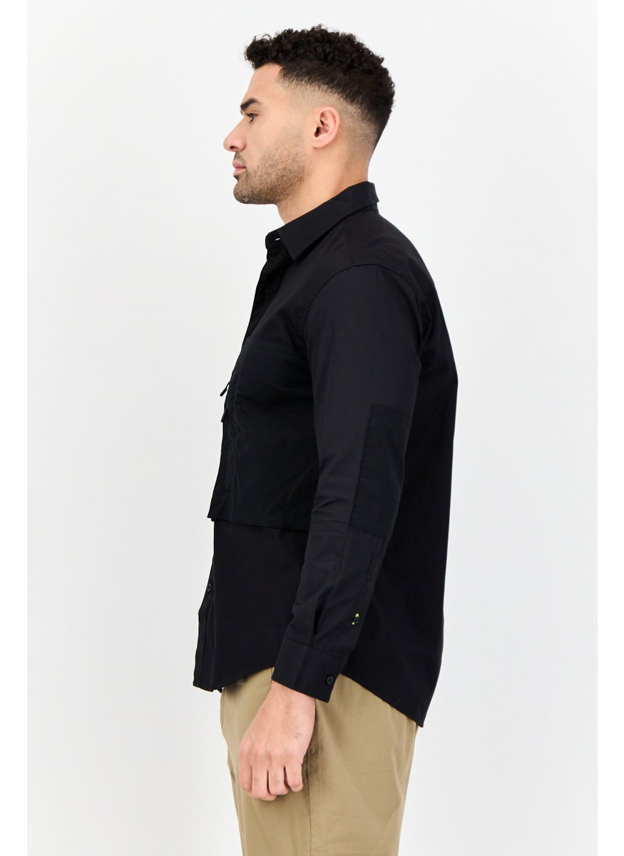 Men Drop Shoulder Fit Solid Long Sleeves Casual Shirt, Black