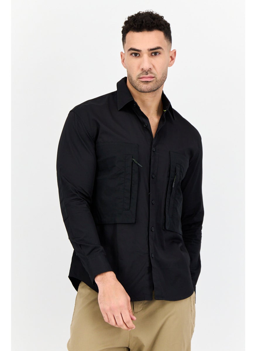Men Drop Shoulder Fit Solid Long Sleeves Casual Shirt, Black