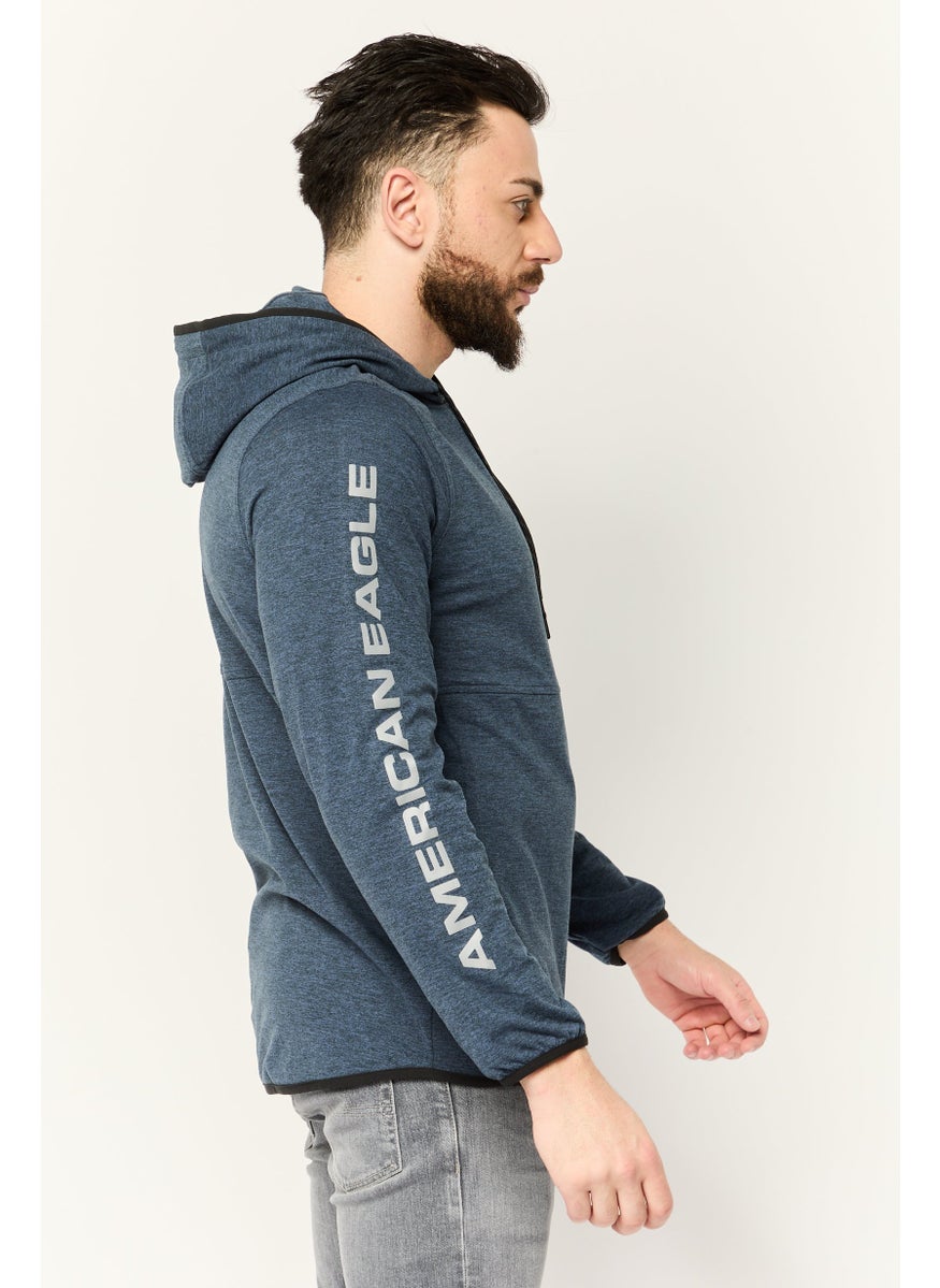 Men Hooded Graphic Print Long Sleeve Hoodie, Heather Navy