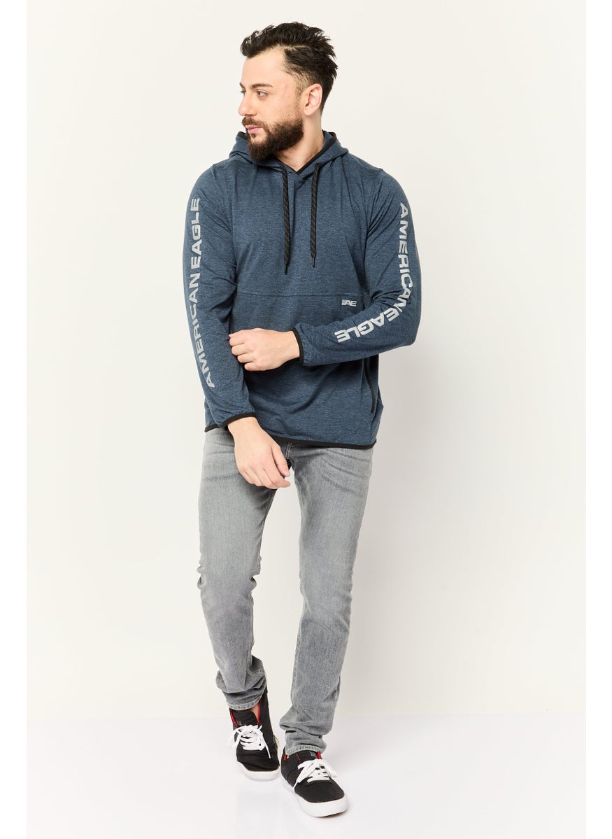 Men Hooded Graphic Print Long Sleeve Hoodie, Heather Navy