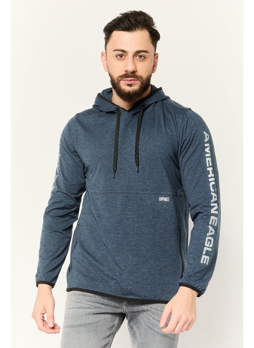Men Hooded Graphic Print Long Sleeve Hoodie, Heather Navy
