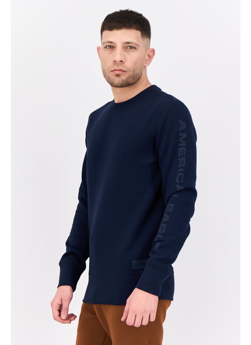 Men Crew Neck Graphic Print Long Sleeves Sweatshirt, Navy