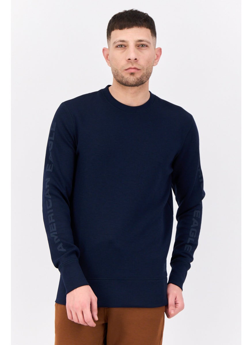 Men Crew Neck Graphic Print Long Sleeves Sweatshirt, Navy