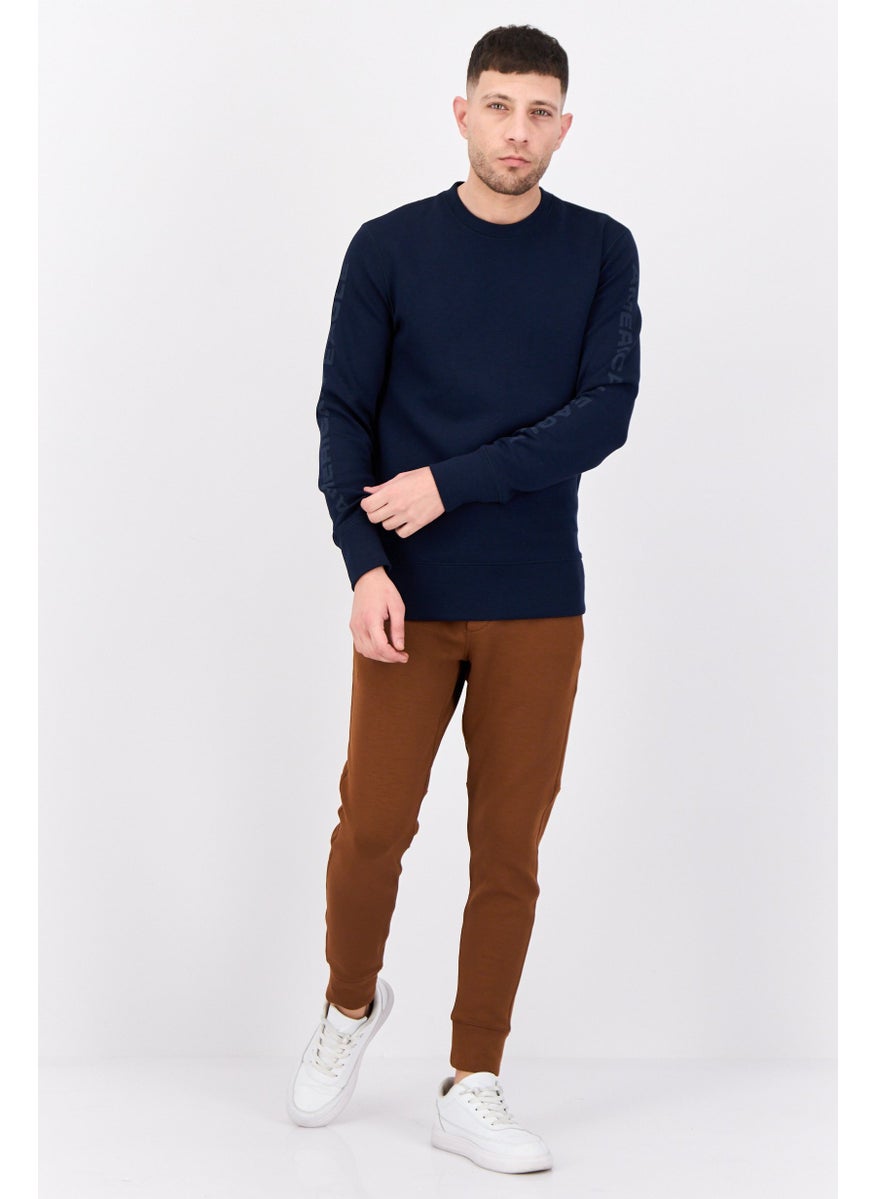 Men Crew Neck Graphic Print Long Sleeves Sweatshirt, Navy