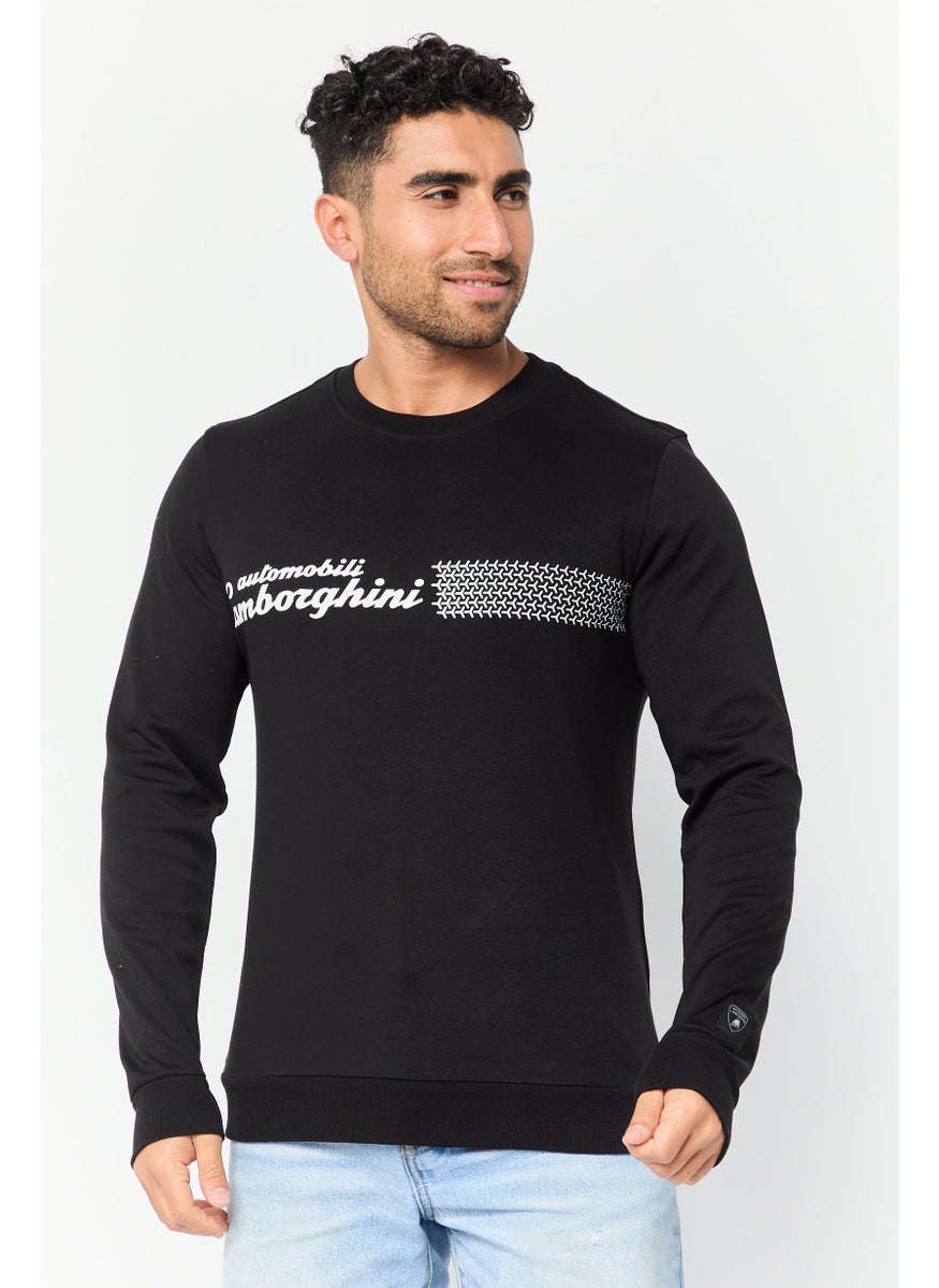 Men Crew Neck Graphic Print Long Sleeves Sweatshirt, Black