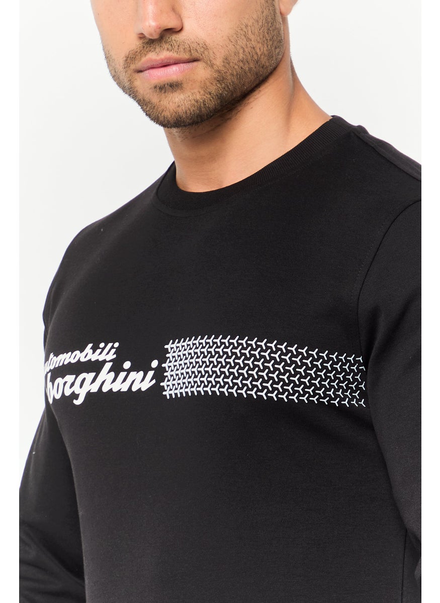 Men Crew Neck Graphic Print Long Sleeves Sweatshirt, Black