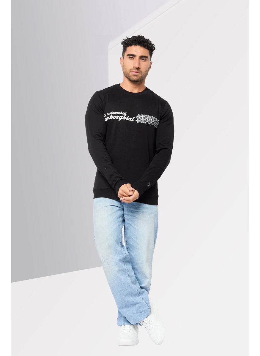 Men Crew Neck Graphic Print Long Sleeves Sweatshirt, Black
