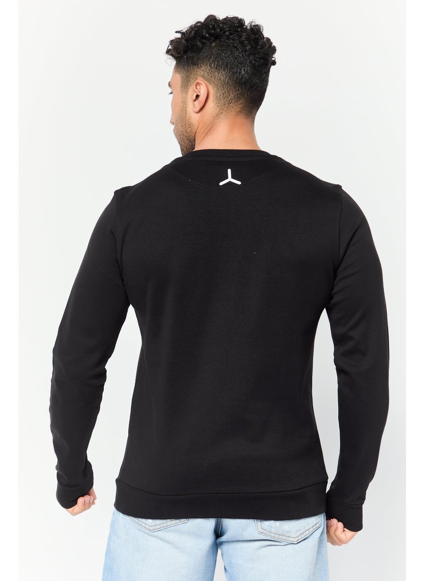 Men Crew Neck Graphic Print Long Sleeves Sweatshirt, Black