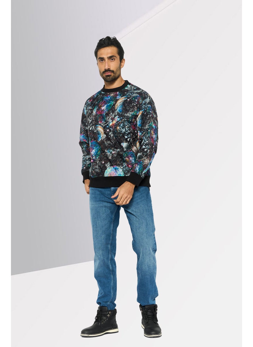 Men Crew Neck All Over Print Long Sleeves Sweatshirt, Black Combo