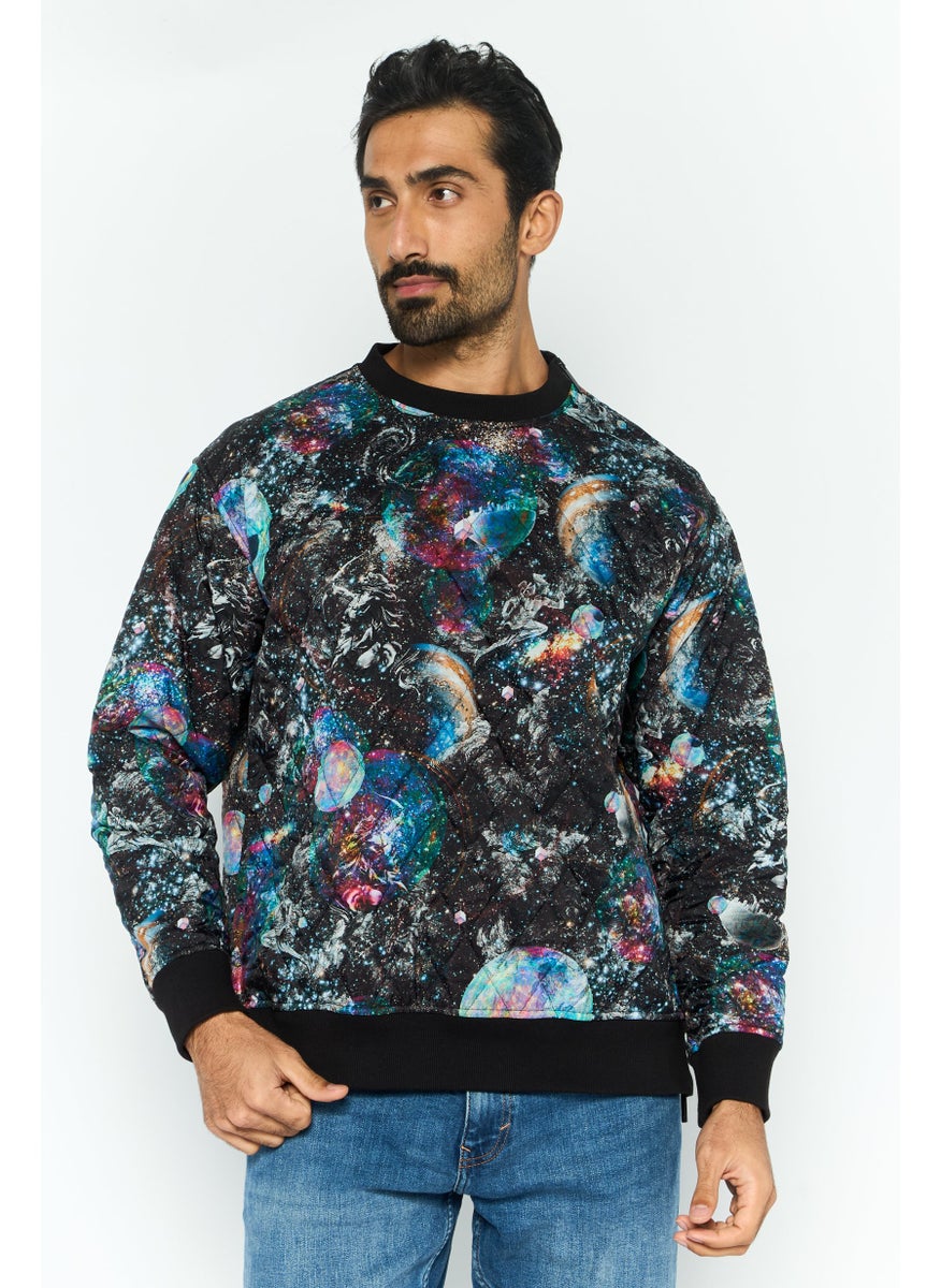 Men Crew Neck All Over Print Long Sleeves Sweatshirt, Black Combo