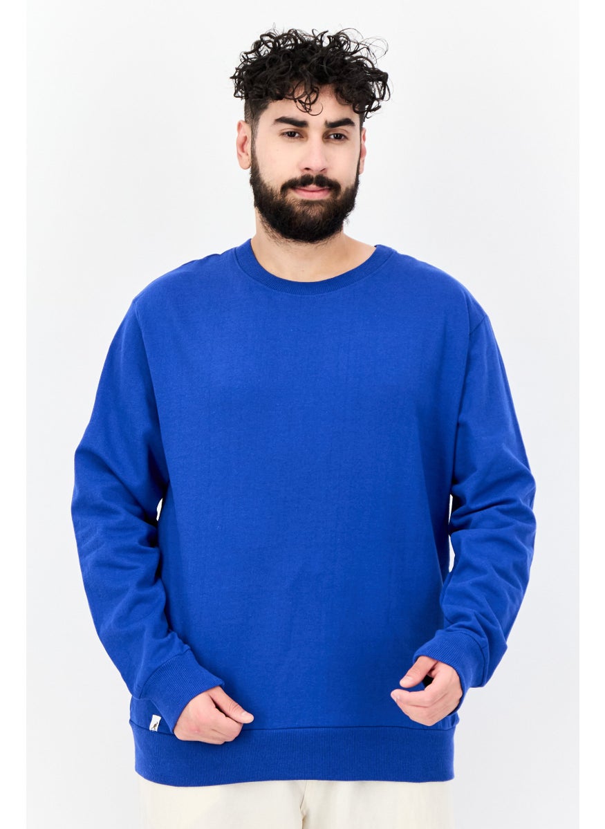 Men Ribbed Neck Solid  Long Sleeves Sweatshirt, Blue