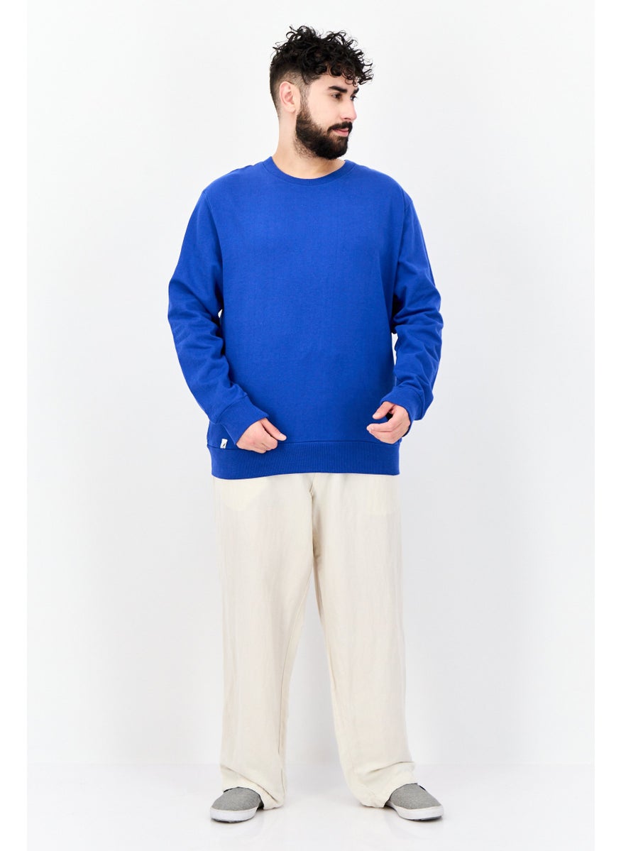 Men Ribbed Neck Solid  Long Sleeves Sweatshirt, Blue