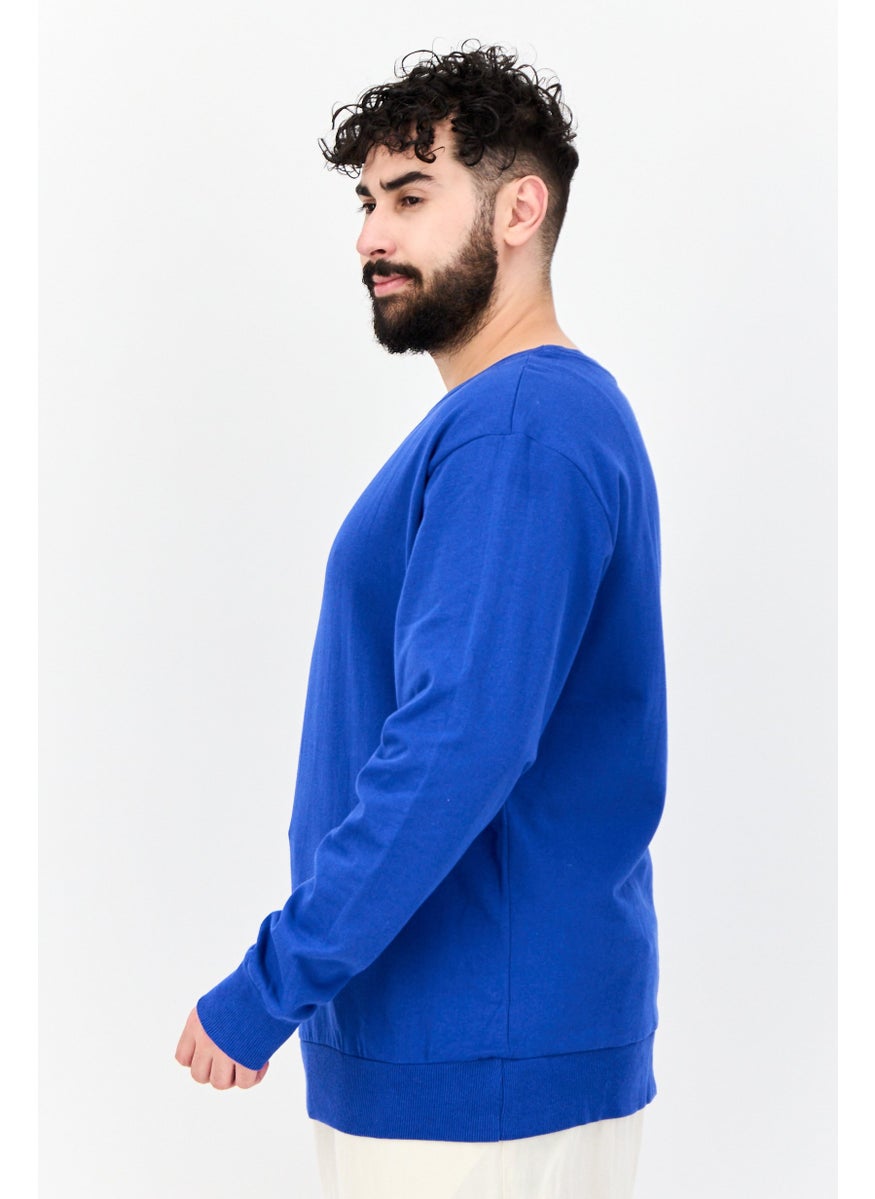 Men Ribbed Neck Solid  Long Sleeves Sweatshirt, Blue