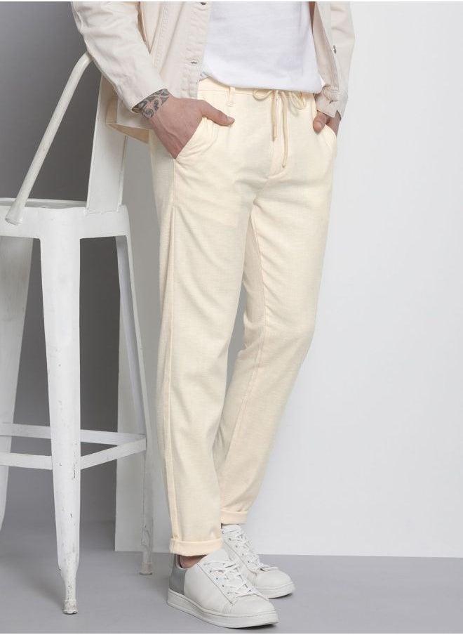 Men Slim Fit Solid Mid-Rise Elasticated Linen Jogger Trouser
