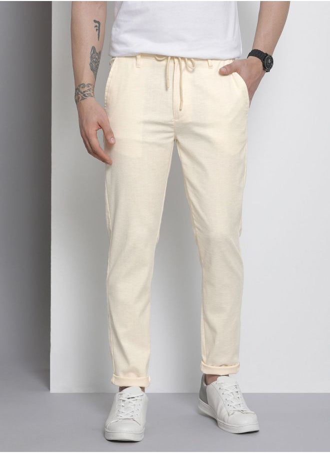 Men Slim Fit Solid Mid-Rise Elasticated Linen Jogger Trouser