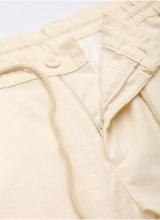 Men Slim Fit Solid Mid-Rise Elasticated Linen Jogger Trouser