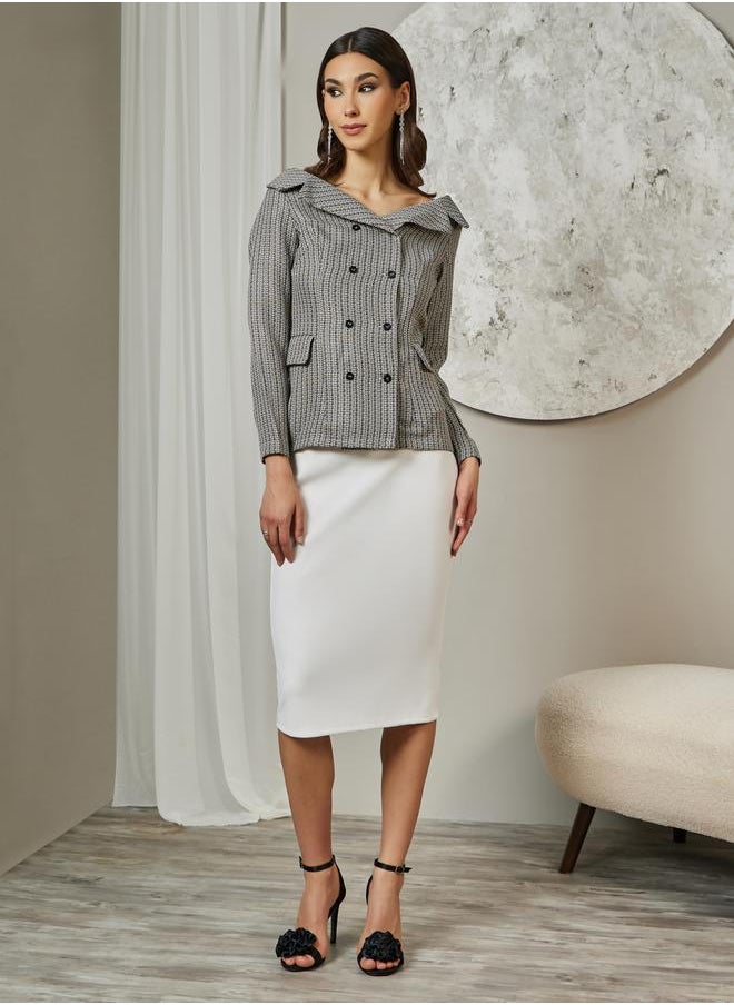 Tweed Houndstooth Print Off Shoulder Blazer with Button Detail