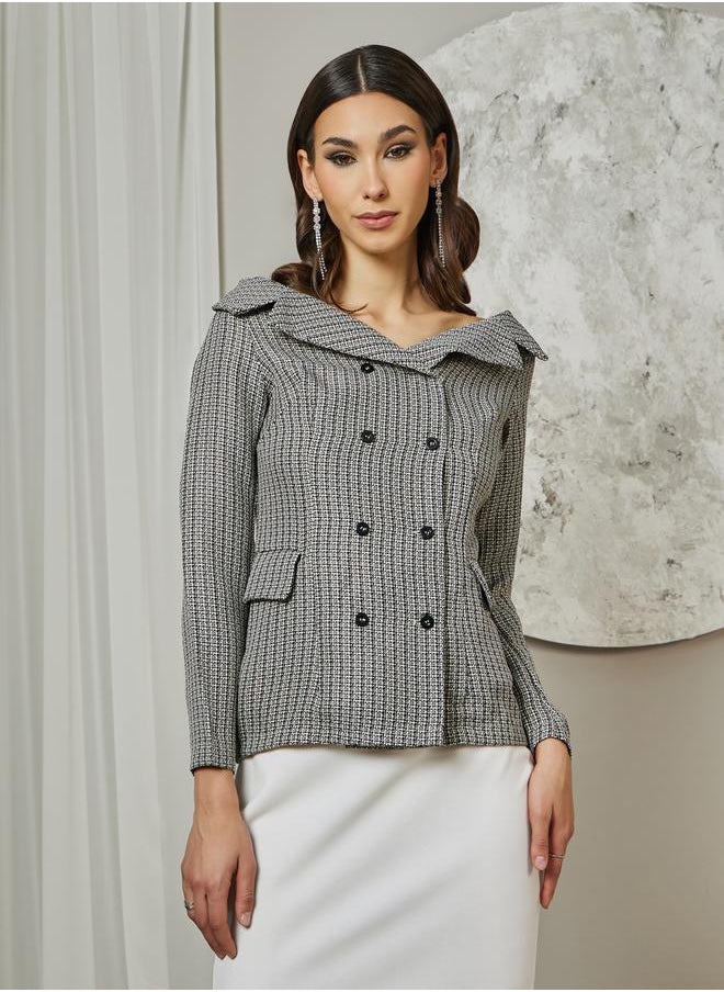 Tweed Houndstooth Print Off Shoulder Blazer with Button Detail