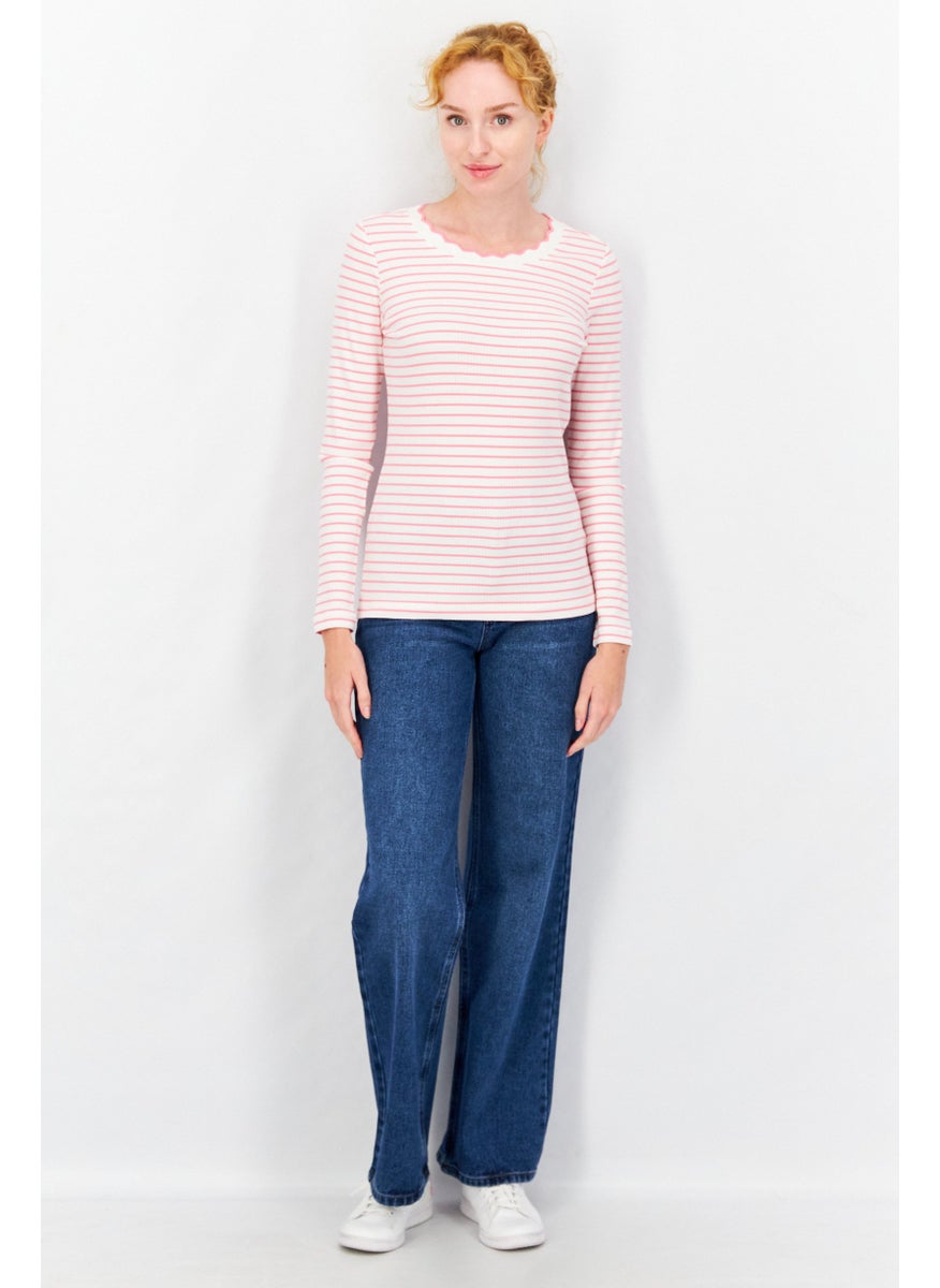 Women Scalloped Neck Long Sleeve Stripe Top, Off White