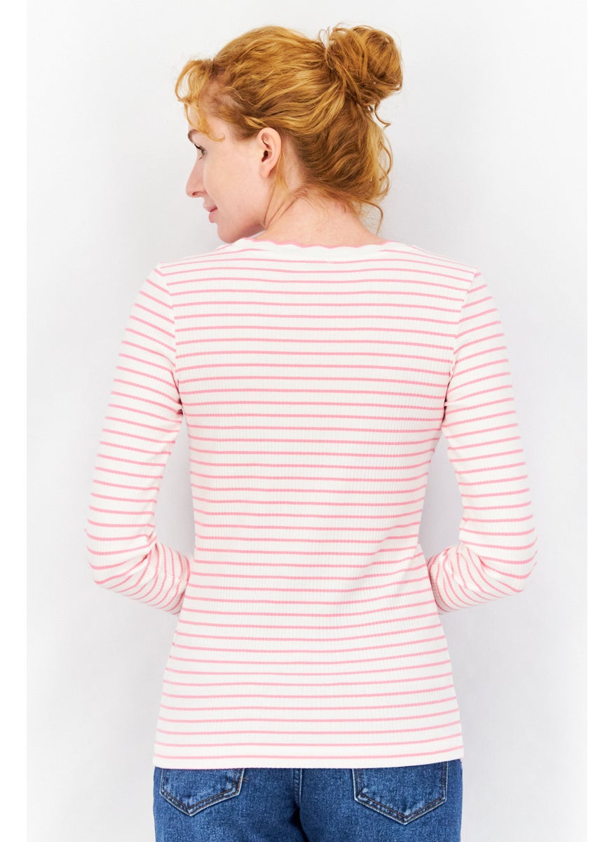 Women Scalloped Neck Long Sleeve Stripe Top, Off White