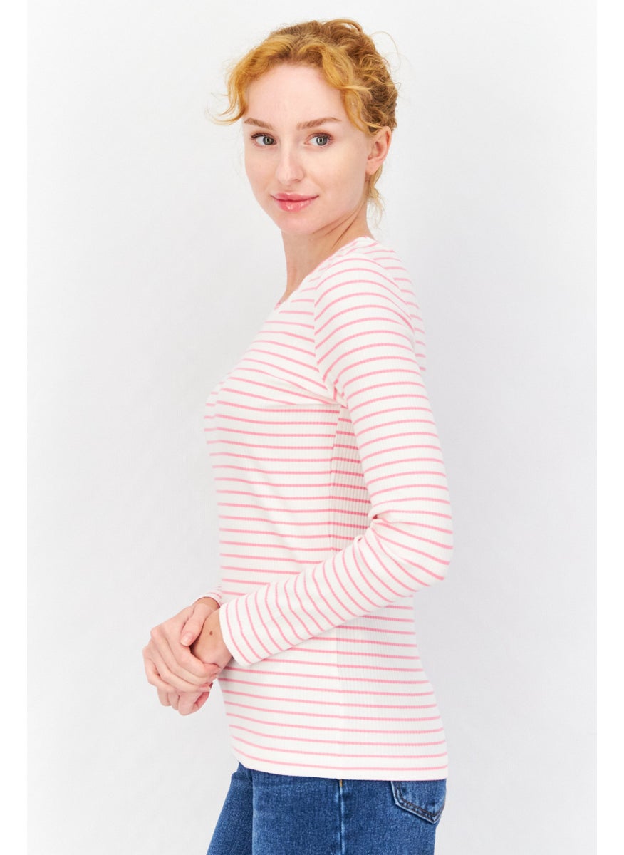 Women Scalloped Neck Long Sleeve Stripe Top, Off White