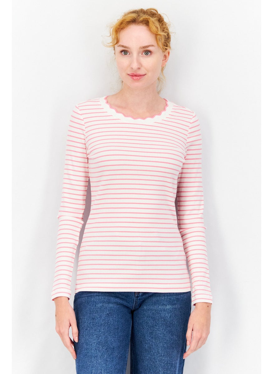 Women Scalloped Neck Long Sleeve Stripe Top, Off White