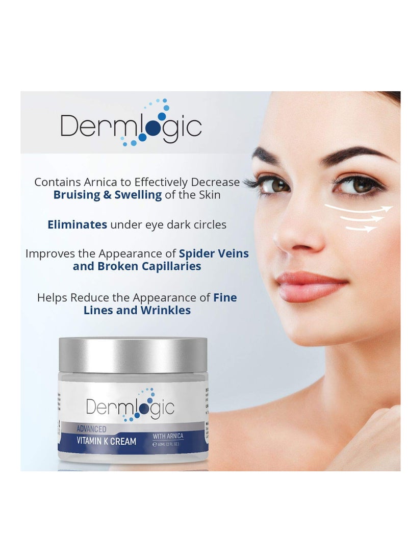 Vitamin K Cream- Moisturizing Bruise Healing Formula. Dark Spot Corrector for Bruising, Spider Veins & Broken Capillaries. Reduces Under Eye Dark Circles, Fine Lines, Puffiness, & Wrinkles with Arnica
