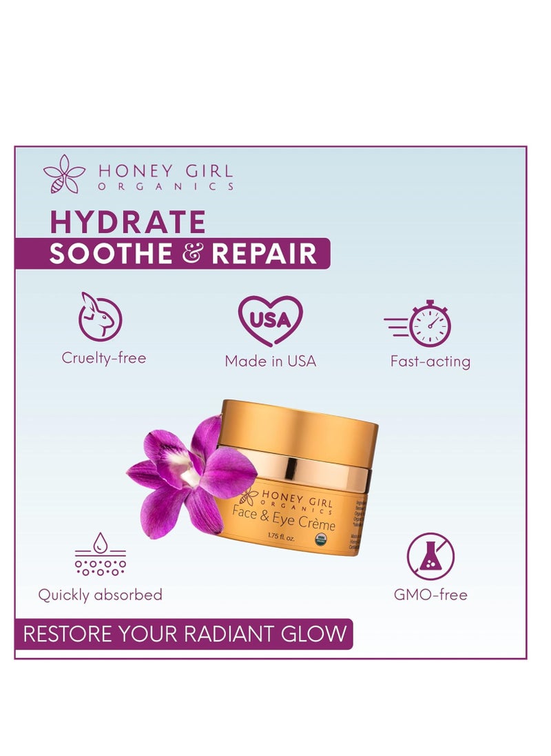 Honey Girl Organics Face & Eye Crème, USDA Certified Organic Facial Moisturizer & Under Eye Cream for Wrinkles, Dark Circles and Puffiness w/Hydrating Honey, Beeswax, Essential Oils & EVOO. 1.75oz