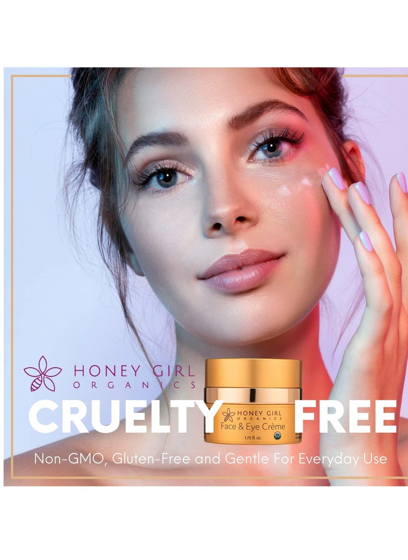 Honey Girl Organics Face & Eye Crème, USDA Certified Organic Facial Moisturizer & Under Eye Cream for Wrinkles, Dark Circles and Puffiness w/Hydrating Honey, Beeswax, Essential Oils & EVOO. 1.75oz
