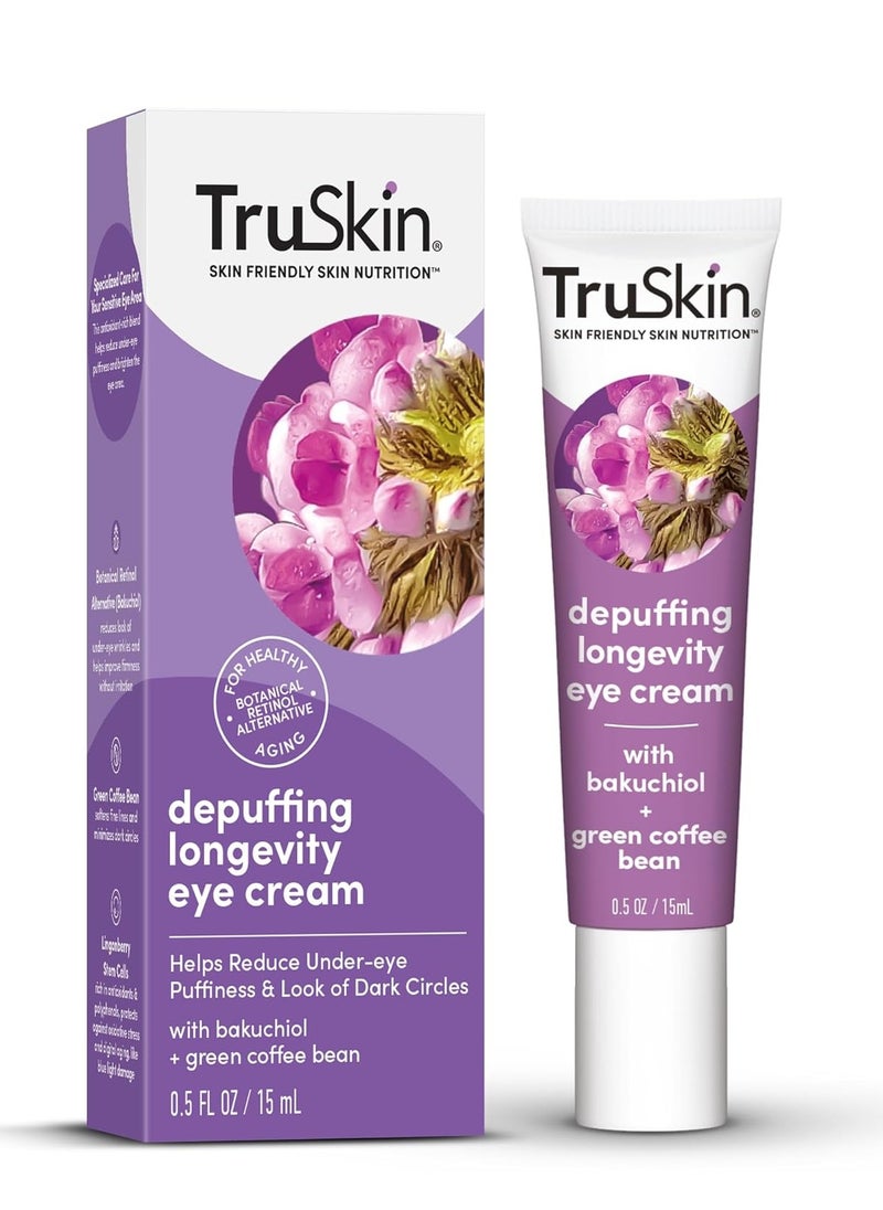 TruSkin Longevity Eye Cream – Caffeine Eye Cream with Bakuchiol, Lingonberry Stem Cells & Green Coffee Bean – Healthy Aging Gentle Retinol Alternative, Puffiness, Dark Circles, 0.5 fl oz