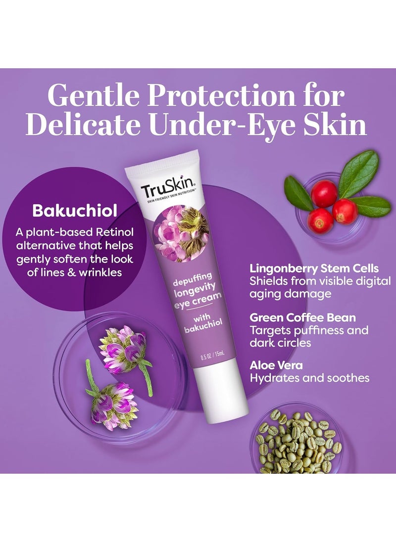 TruSkin Longevity Eye Cream – Caffeine Eye Cream with Bakuchiol, Lingonberry Stem Cells & Green Coffee Bean – Healthy Aging Gentle Retinol Alternative, Puffiness, Dark Circles, 0.5 fl oz