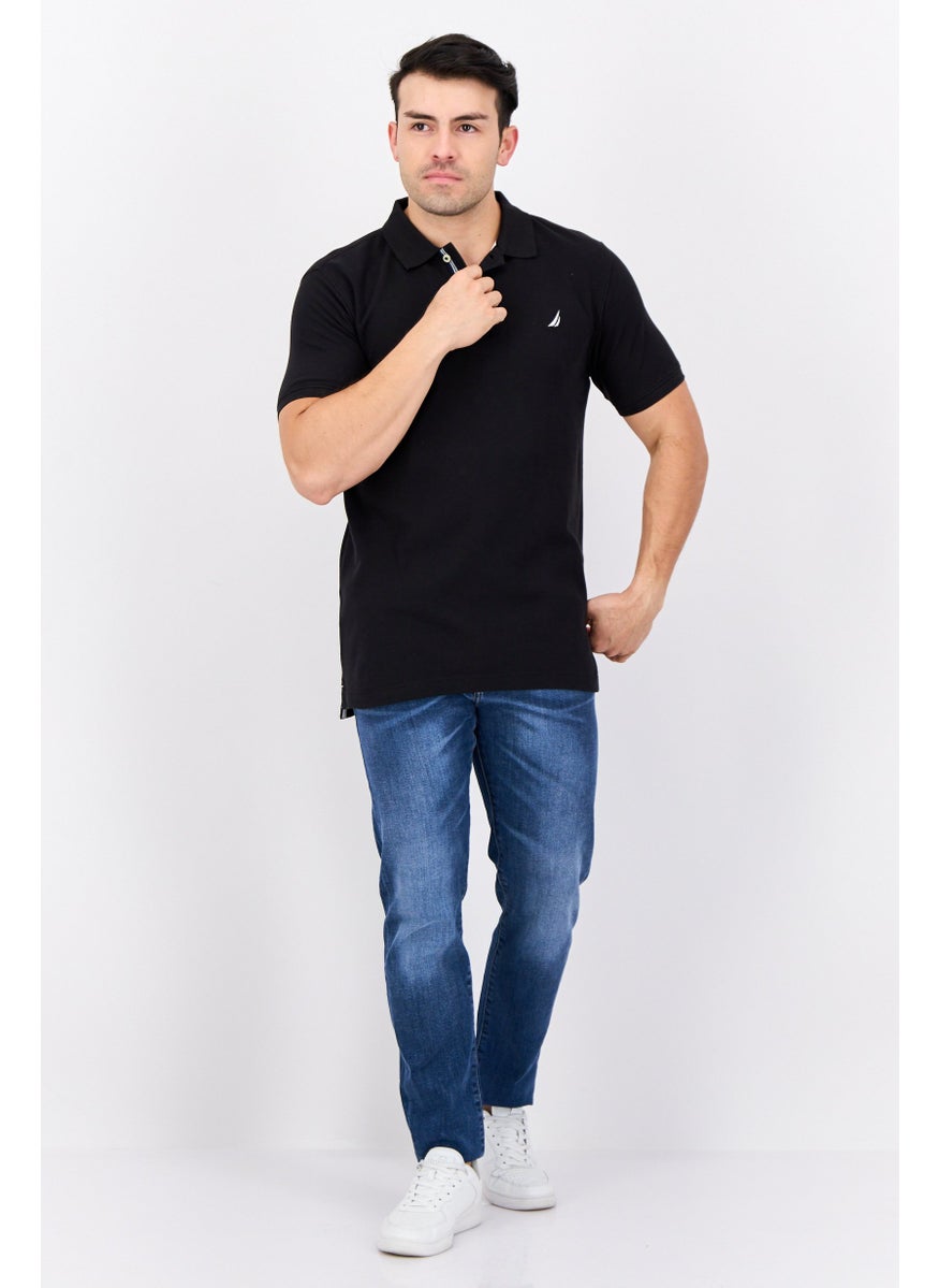 Men Slim Fit Embroidered Logo Short Sleeve Polo Shirt, Black
