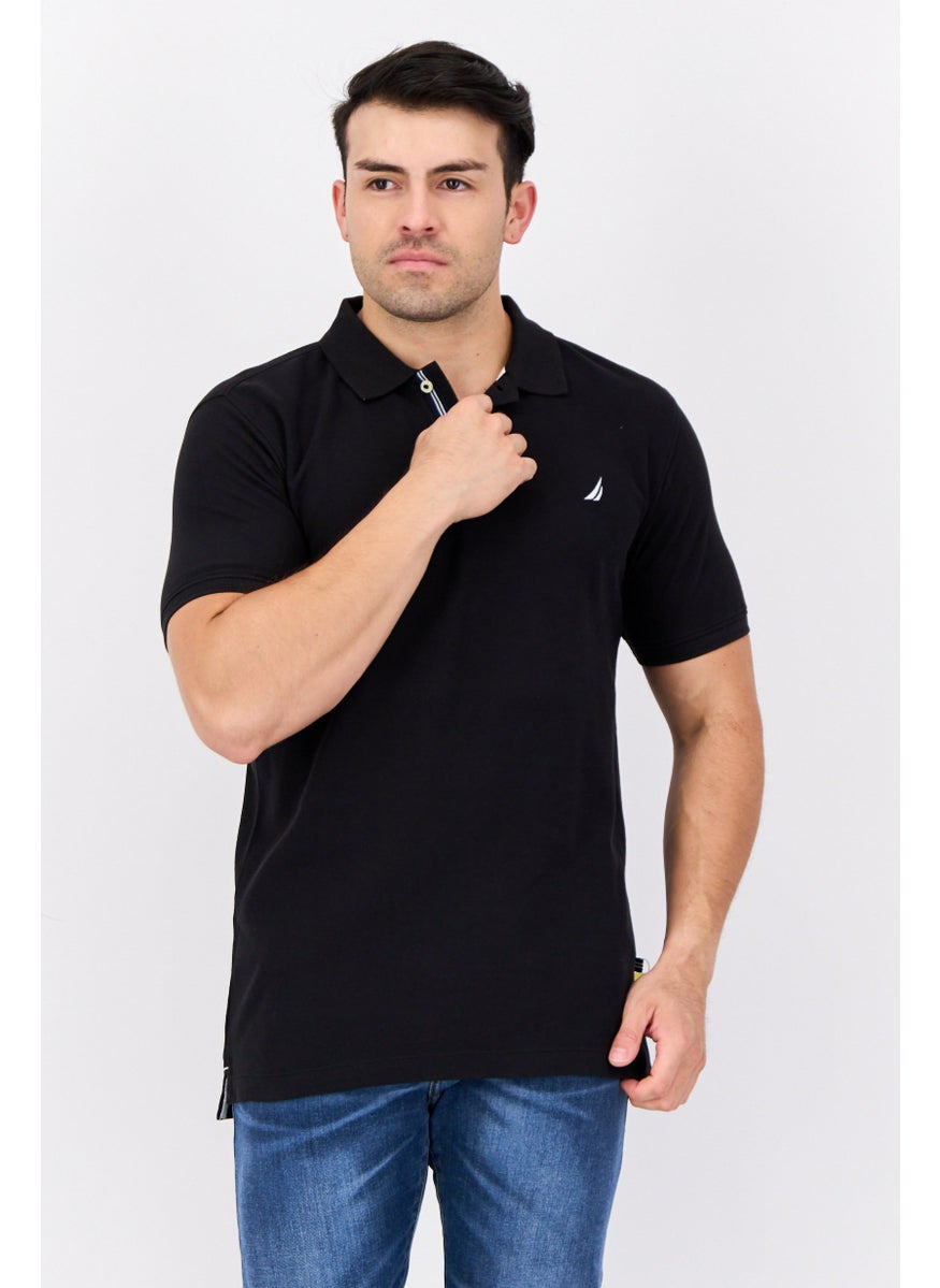 Men Slim Fit Embroidered Logo Short Sleeve Polo Shirt, Black