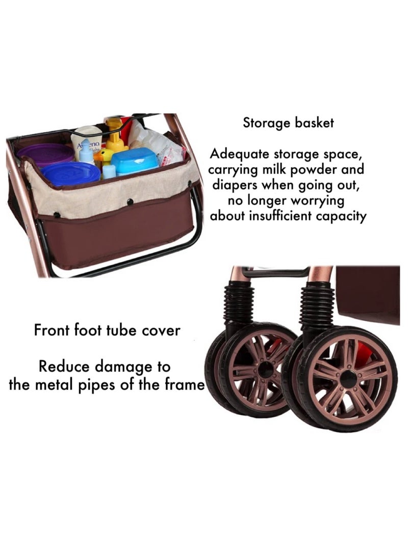 Two Way Push Portable Infant Stroller,Baby Stroller with High View Double Push Rod Cans Sit and Lie Down Lightweight Foldable Four-wheel Rubber Strong Shock Absorption Large Space with Storage Basket、Tray and Cup Holder Durable Suitable for Baby 0-3 Years Old Travel Strollers