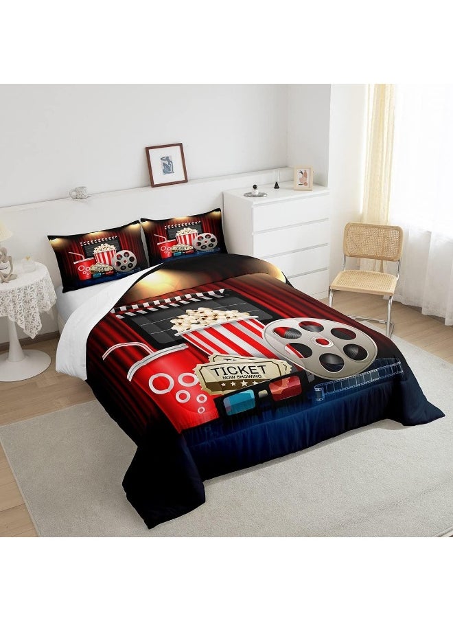 Homewish Vintage Cinema Ticket Comforter Set, Movie Theater Theme Bedding Set for Kids Girls Women, Adults Filmstrip Comforter, Popcorn Quilted Duvet Set Bedroom Collection Twin Size 2Pcs