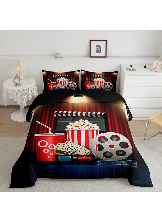Homewish Vintage Cinema Ticket Comforter Set, Movie Theater Theme Bedding Set for Kids Girls Women, Adults Filmstrip Comforter, Popcorn Quilted Duvet Set Bedroom Collection Twin Size 2Pcs